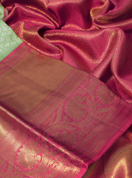 Pure kanchipuram silk saree pastel green and pink with allover silver zari woven brocade weaves and long zari woven floral border