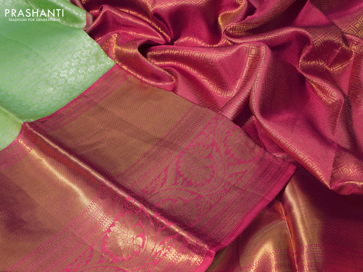 Pure kanchipuram silk saree pastel green and pink with allover silver zari woven brocade weaves and long zari woven floral border