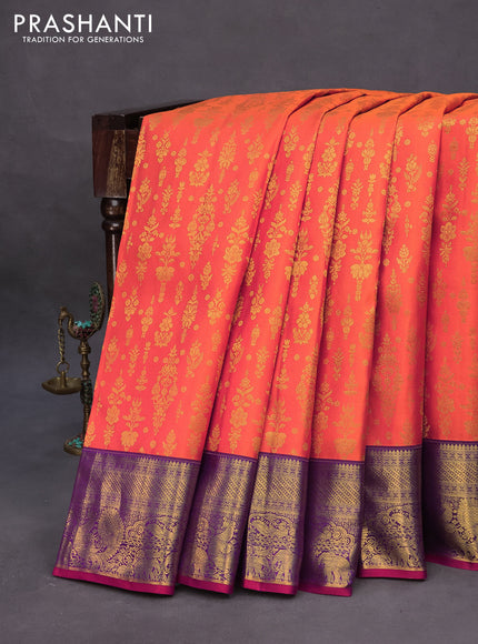 Pure kanchipuram silk saree orange and violet with allover zari woven brocade weaves and annam zari woven border