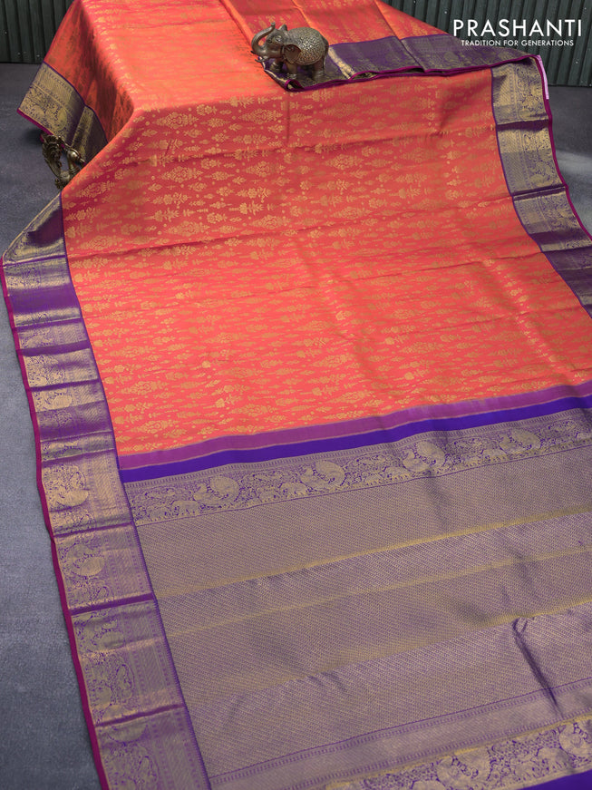 Pure kanchipuram silk saree orange and violet with allover zari woven brocade weaves and annam zari woven border