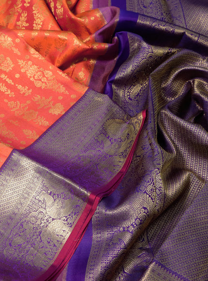 Pure kanchipuram silk saree orange and violet with allover zari woven brocade weaves and annam zari woven border