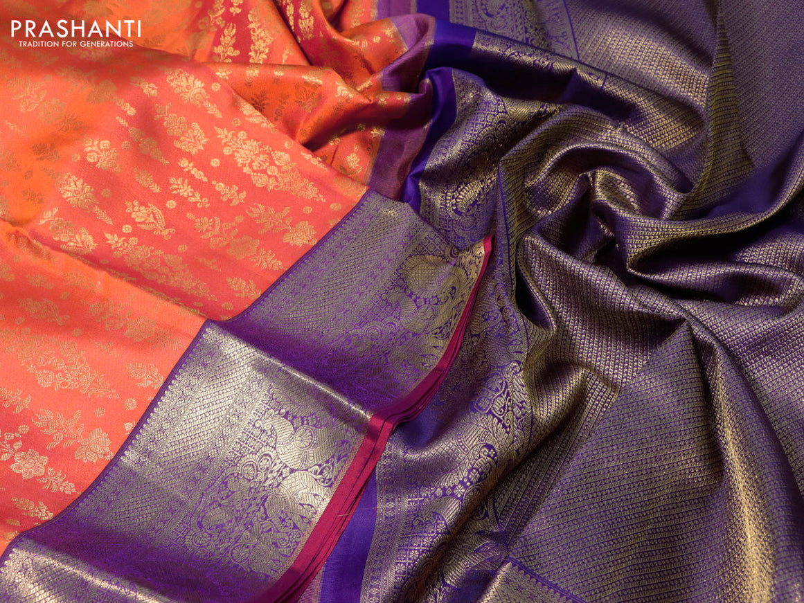 Pure kanchipuram silk saree orange and violet with allover zari woven brocade weaves and annam zari woven border