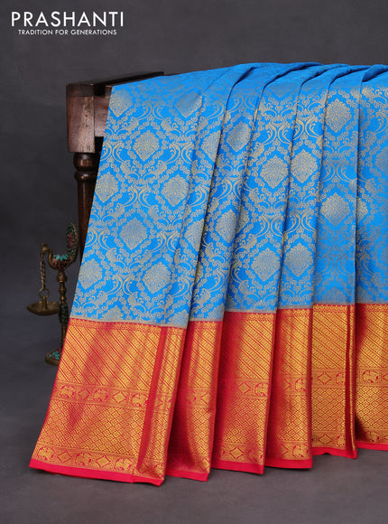 Pure kanchipuram silk saree cs blue and pink with allover zari woven brocade weaves and long zari woven border