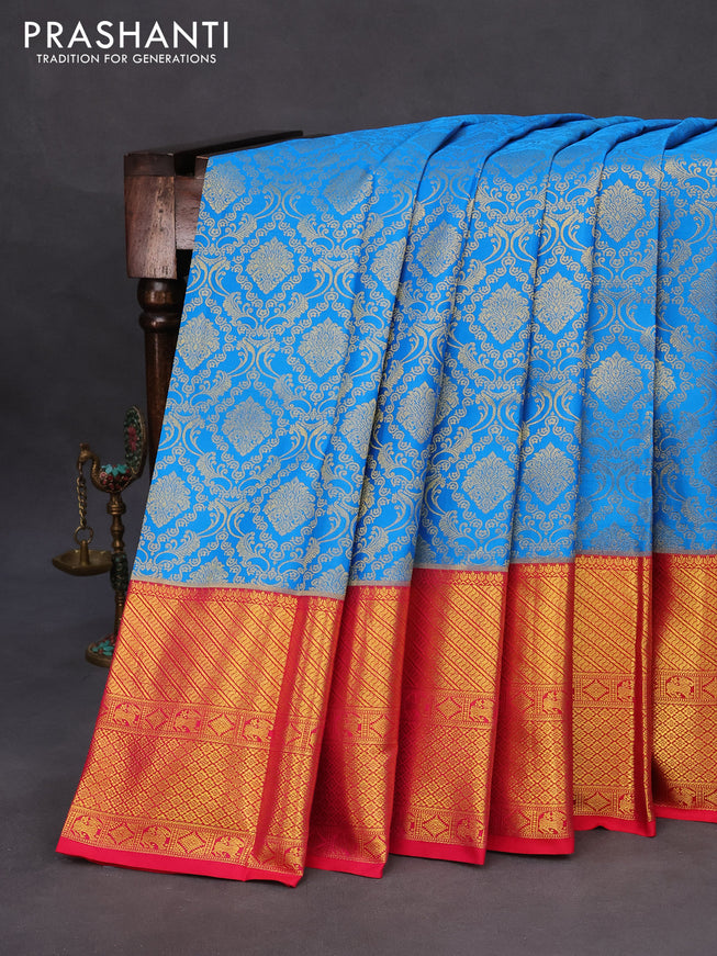 Pure kanchipuram silk saree cs blue and pink with allover zari woven brocade weaves and long zari woven border