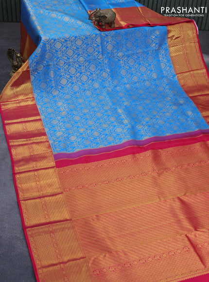 Pure kanchipuram silk saree cs blue and pink with allover zari woven brocade weaves and long zari woven border