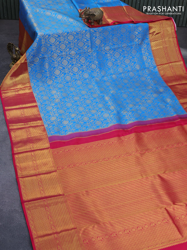 Pure kanchipuram silk saree cs blue and pink with allover zari woven brocade weaves and long zari woven border