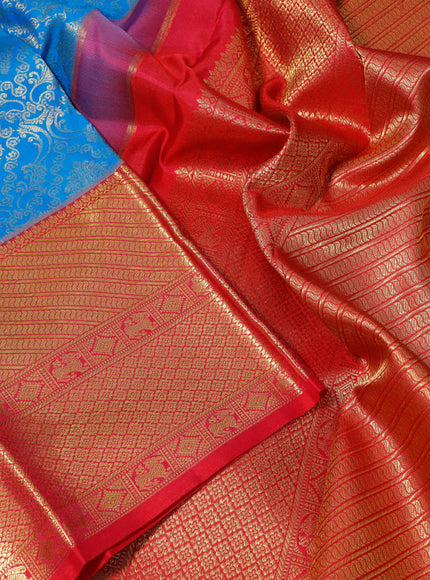 Pure kanchipuram silk saree cs blue and pink with allover zari woven brocade weaves and long zari woven border