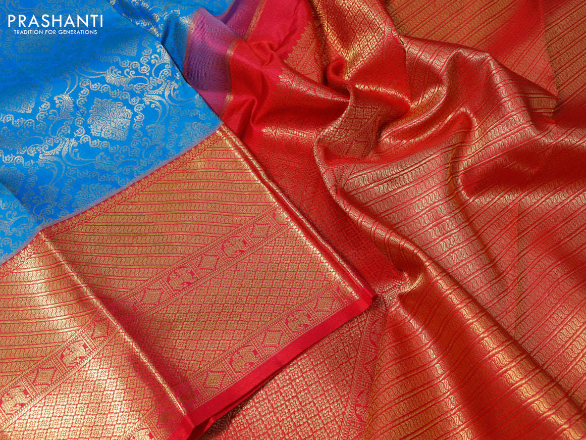 Pure kanchipuram silk saree cs blue and pink with allover zari woven brocade weaves and long zari woven border