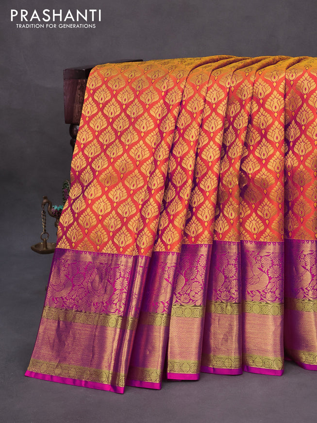 Pure kanchipuram silk saree mango yellow and pink with allover zari woven butta wvaes and long annam zari woven border