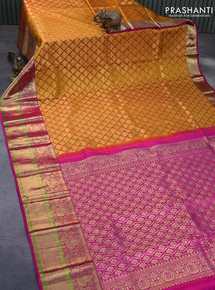 Pure kanchipuram silk saree mango yellow and pink with allover zari woven butta wvaes and long annam zari woven border