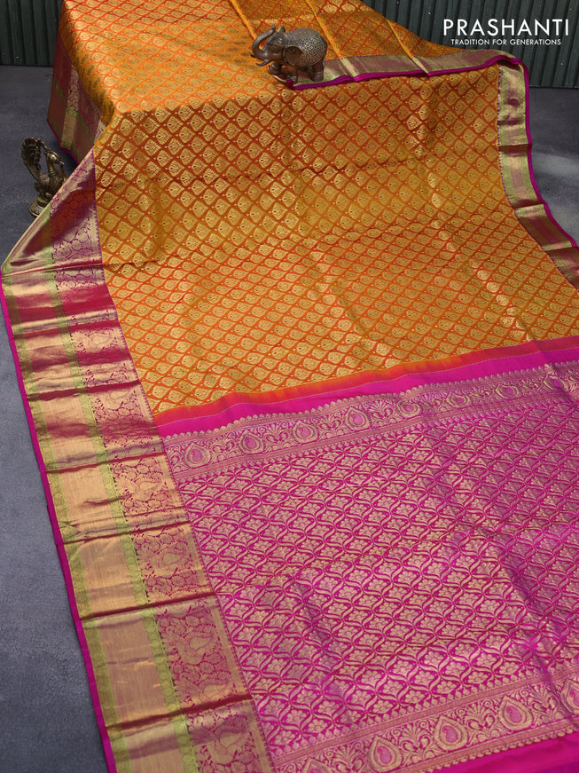 Pure kanchipuram silk saree mango yellow and pink with allover zari woven butta wvaes and long annam zari woven border