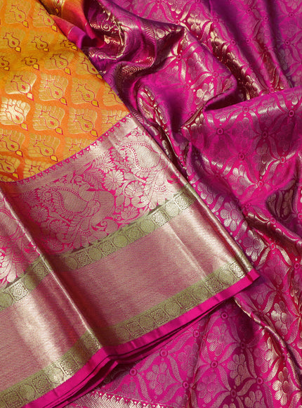 Pure kanchipuram silk saree mango yellow and pink with allover zari woven butta wvaes and long annam zari woven border