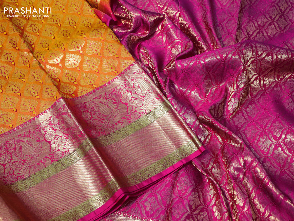 Pure kanchipuram silk saree mango yellow and pink with allover zari woven butta wvaes and long annam zari woven border