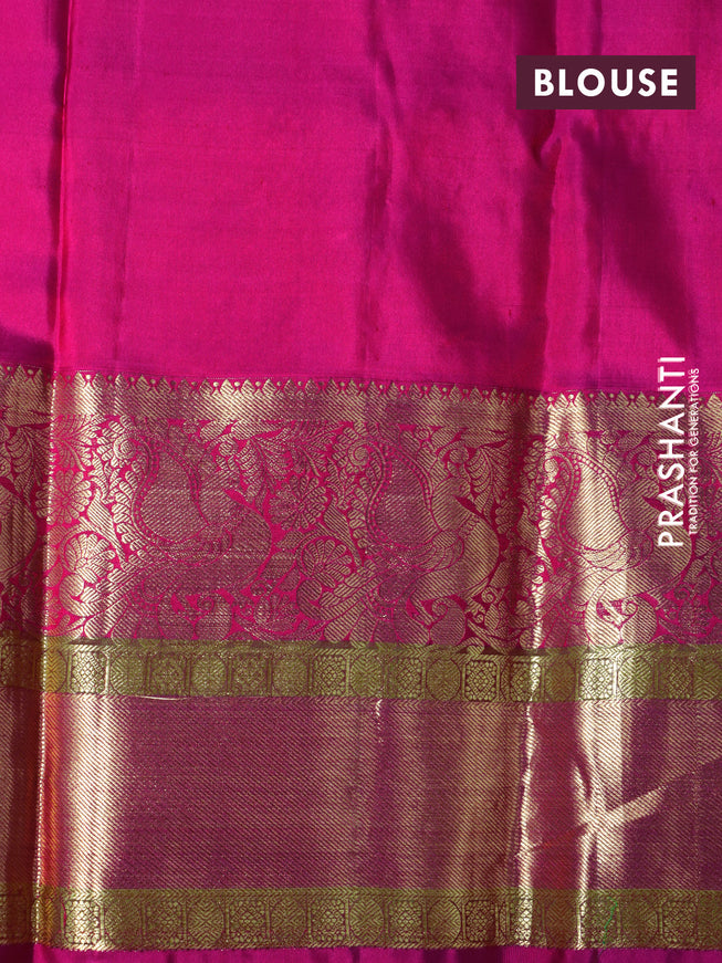 Pure kanchipuram silk saree mango yellow and pink with allover zari woven butta wvaes and long annam zari woven border