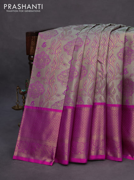 Pure kanchipuram tissue silk saree grey and pink with allover zari woven brocade weaves and zari woven border