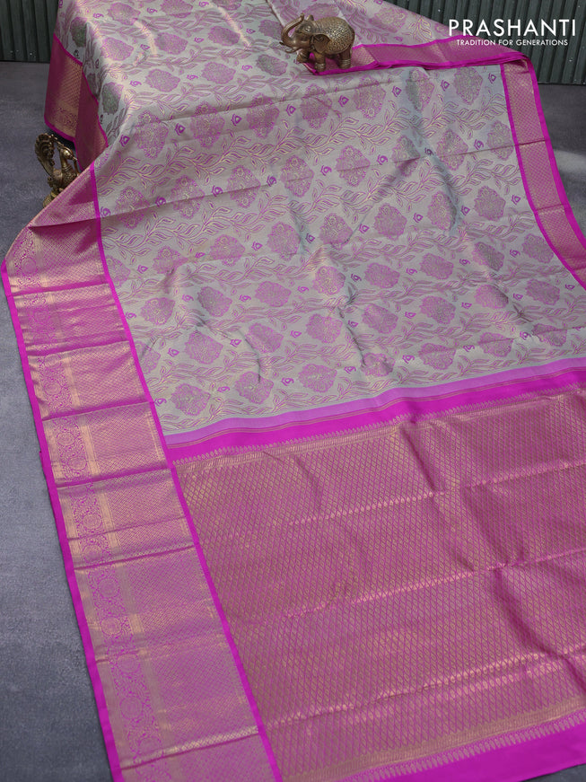 Pure kanchipuram tissue silk saree grey and pink with allover zari woven brocade weaves and zari woven border