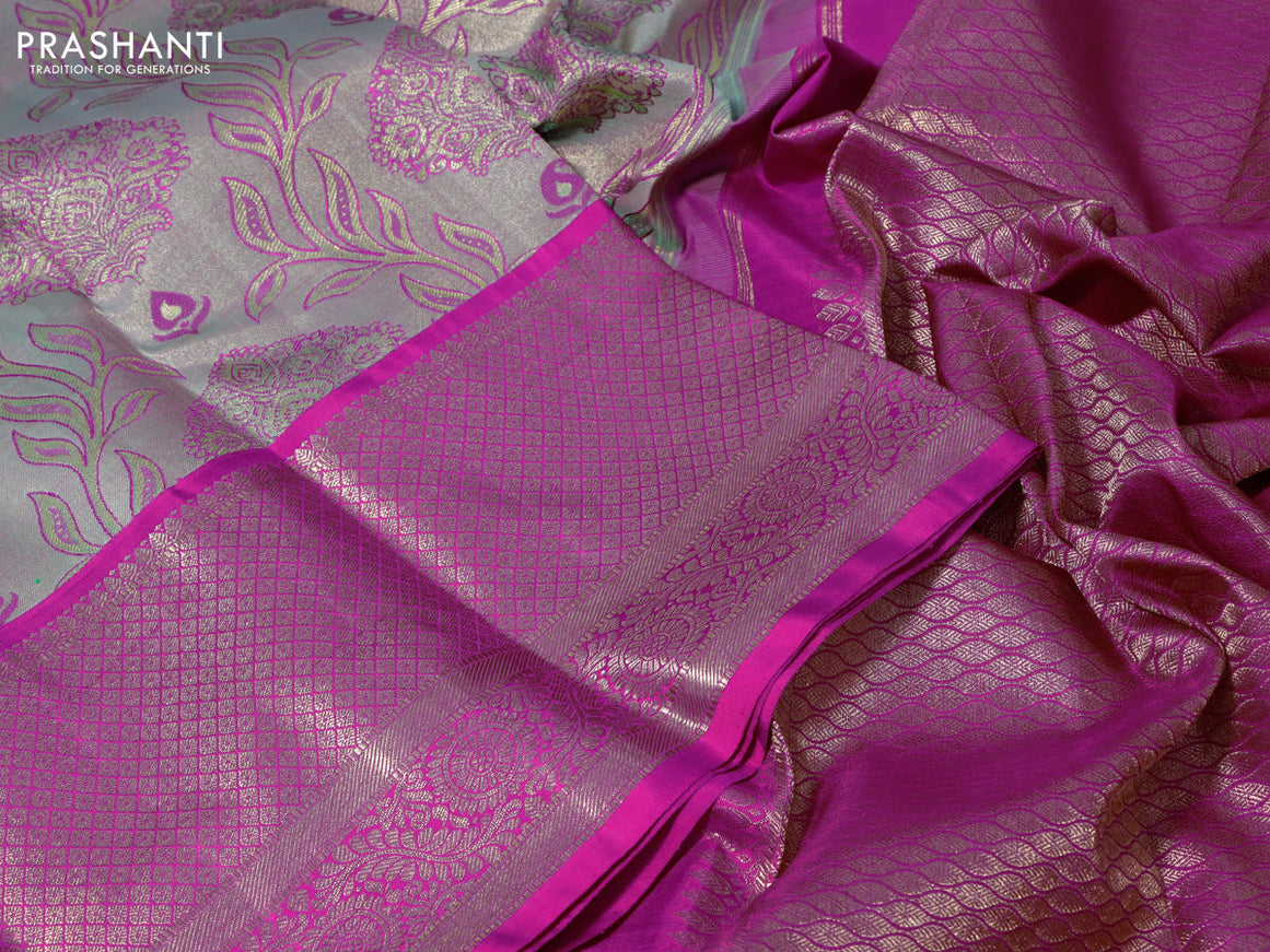 Pure kanchipuram tissue silk saree grey and pink with allover zari woven brocade weaves and zari woven border