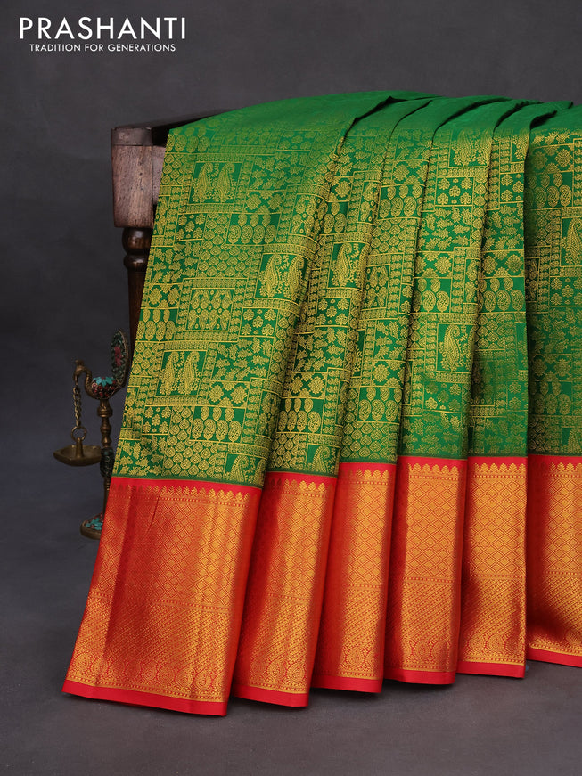 Pure kanchipuram silk saree green and red with allover zari woven brocade weaves and long zari woven border