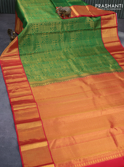 Pure kanchipuram silk saree green and red with allover zari woven brocade weaves and long zari woven border