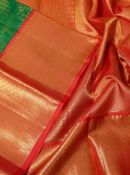 Pure kanchipuram silk saree green and red with allover zari woven brocade weaves and long zari woven border