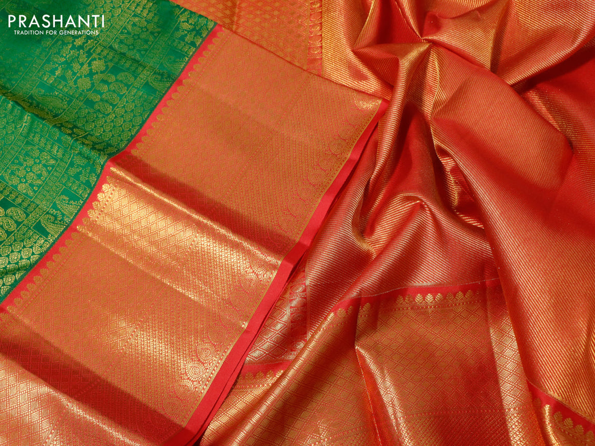 Pure kanchipuram silk saree green and red with allover zari woven brocade weaves and long zari woven border