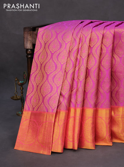 Pure kanchipuram silk saree purple and pink shade with allover zari woven brocade weaves and zari woven border