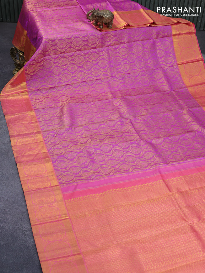 Pure kanchipuram silk saree purple and pink shade with allover zari woven brocade weaves and zari woven border