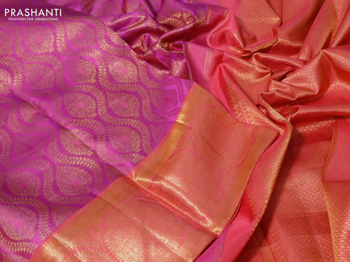 Pure kanchipuram silk saree purple and pink shade with allover zari woven brocade weaves and zari woven border