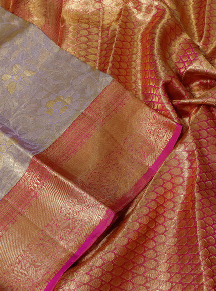 Pure kanchipuram tissue silk saree gold and pink with allover zari woven brocade weaves and zari woven border