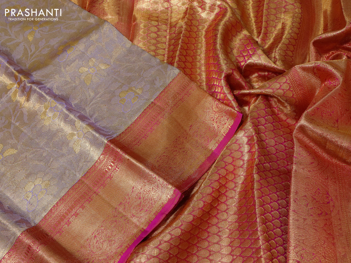 Pure kanchipuram tissue silk saree gold and pink with allover zari woven brocade weaves and zari woven border