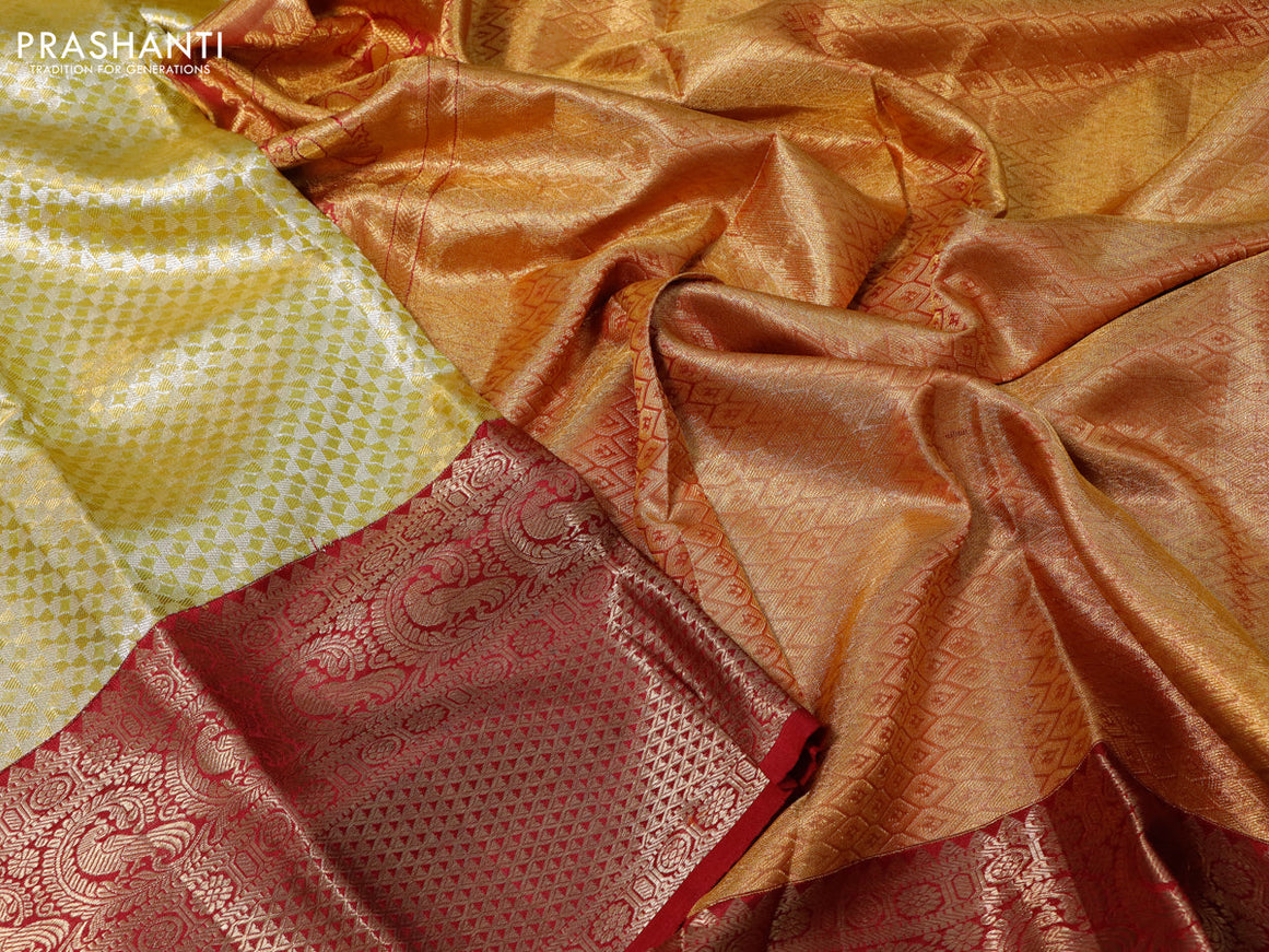 Pure kanchipuram silk saree gold and maroon with allover zari woven brocade weaves and long zari woven border