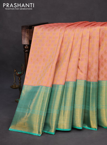 Pure kanchipuram silk saree peach pink and teal blue with allover zari woven paisley butta weaves and long zari woven border