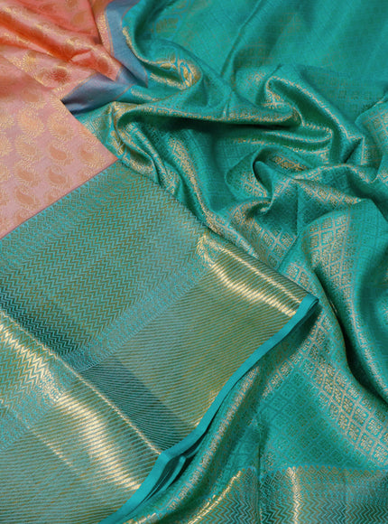 Pure kanchipuram silk saree peach pink and teal blue with allover zari woven paisley butta weaves and long zari woven border