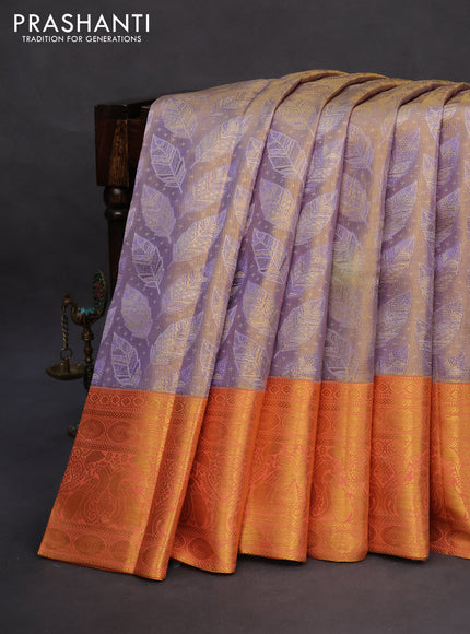 Pure kanchipuram tissue silk saree grey shade and peach shade with allover zari woven brocade weaves and long zari woven peacock design border