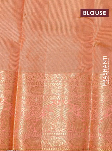 Pure kanchipuram tissue silk saree grey shade and peach shade with allover zari woven brocade weaves and long zari woven peacock design border