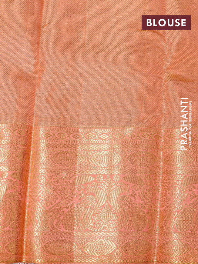 Pure kanchipuram tissue silk saree grey shade and peach shade with allover zari woven brocade weaves and long zari woven peacock design border