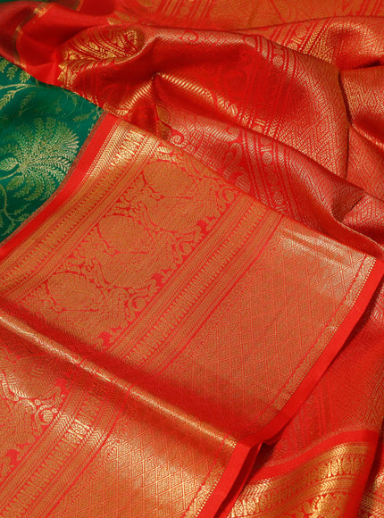 Pure kanchipuram silk saree green and orange with allover zari woven brocade weaves and long zari woven border