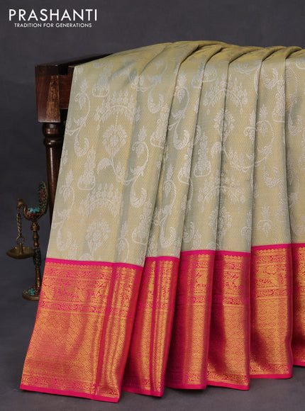 Pure kanchipuram tissue silk saree dual shade of grey and pink with allover silver zari woven brocade weaves and long zari woven border