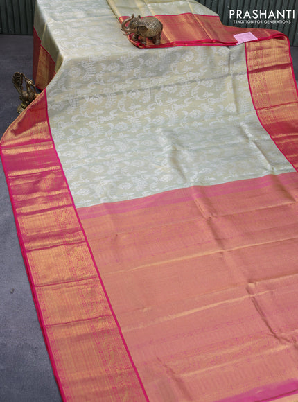 Pure kanchipuram tissue silk saree dual shade of grey and pink with allover silver zari woven brocade weaves and long zari woven border