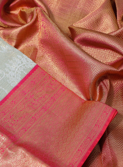 Pure kanchipuram tissue silk saree dual shade of grey and pink with allover silver zari woven brocade weaves and long zari woven border