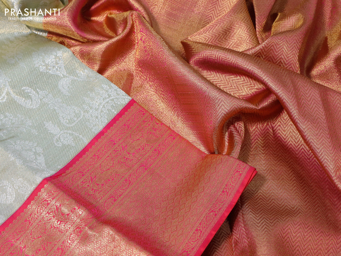 Pure kanchipuram tissue silk saree dual shade of grey and pink with allover silver zari woven brocade weaves and long zari woven border