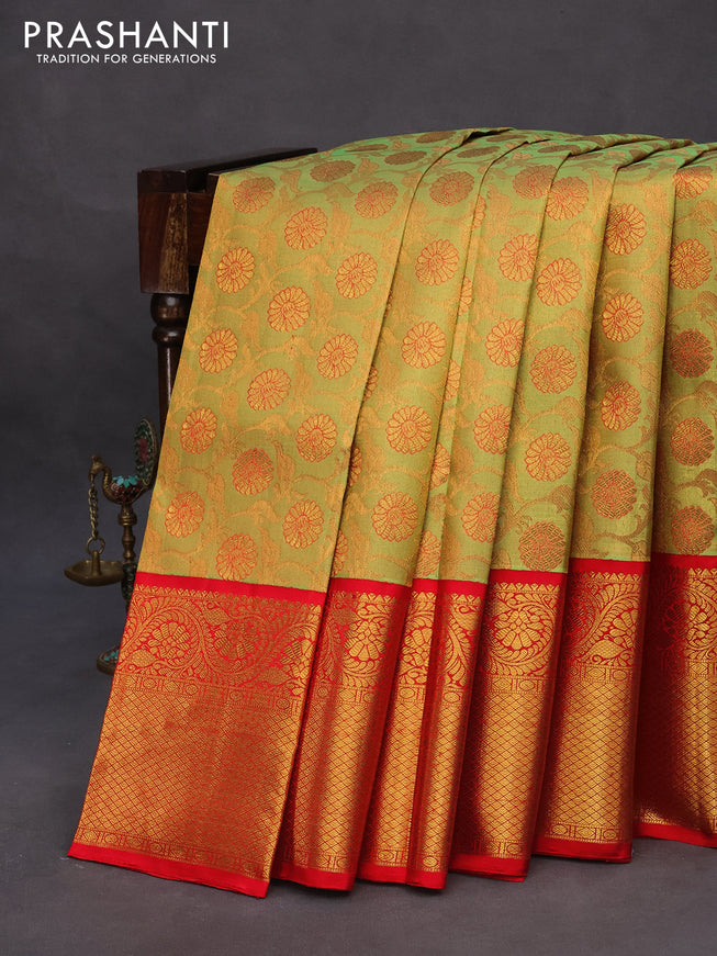 Pure kanchipuram tissue silk saree lime green and red with allover zari woven brocade weaves and long zari woven border