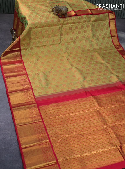 Pure kanchipuram tissue silk saree lime green and red with allover zari woven brocade weaves and long zari woven border