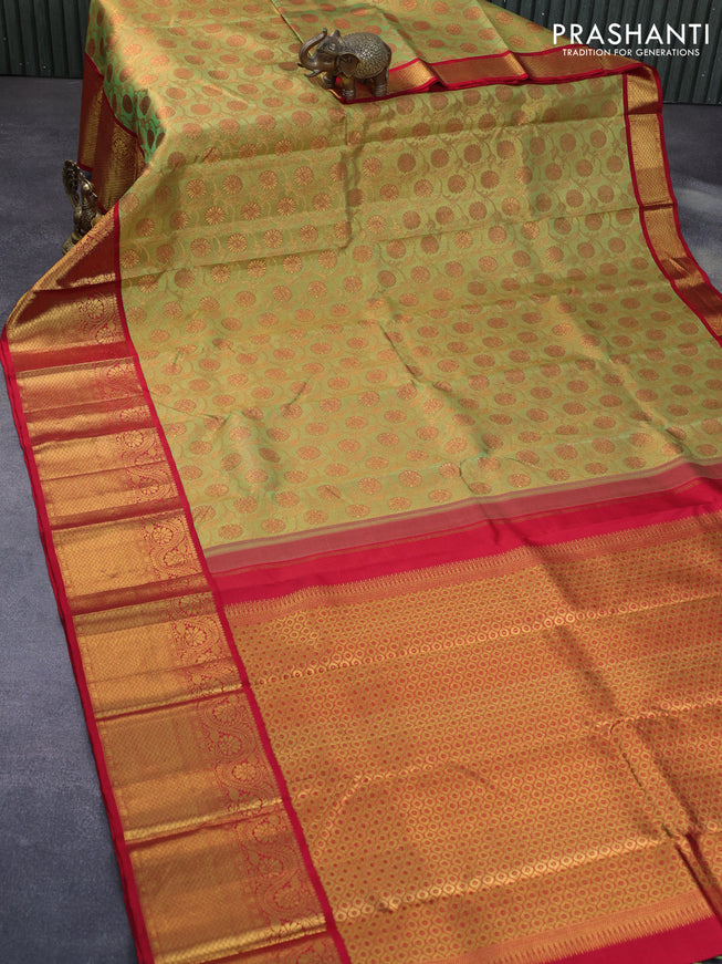 Pure kanchipuram tissue silk saree lime green and red with allover zari woven brocade weaves and long zari woven border