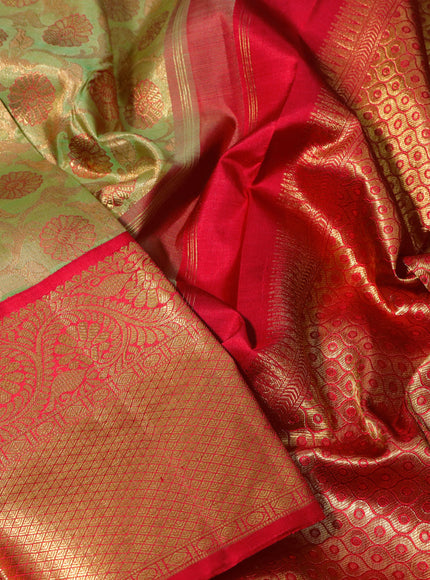 Pure kanchipuram tissue silk saree lime green and red with allover zari woven brocade weaves and long zari woven border