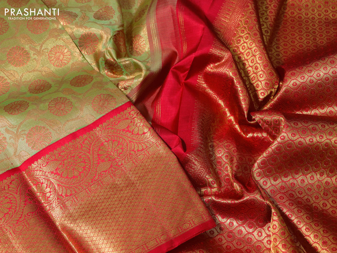 Pure kanchipuram tissue silk saree lime green and red with allover zari woven brocade weaves and long zari woven border