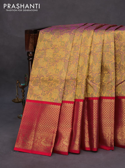 Pure kanchipuram tissue silk saree mustard shade and red with allover zari woven brocade weaves and long zari woven annam border