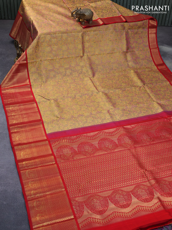 Pure kanchipuram tissue silk saree mustard shade and red with allover zari woven brocade weaves and long zari woven annam border