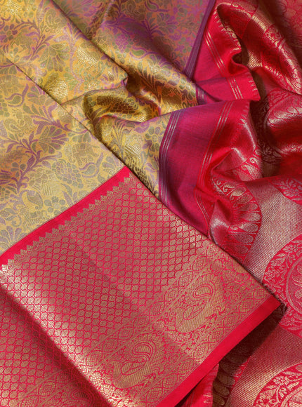 Pure kanchipuram tissue silk saree mustard shade and red with allover zari woven brocade weaves and long zari woven annam border