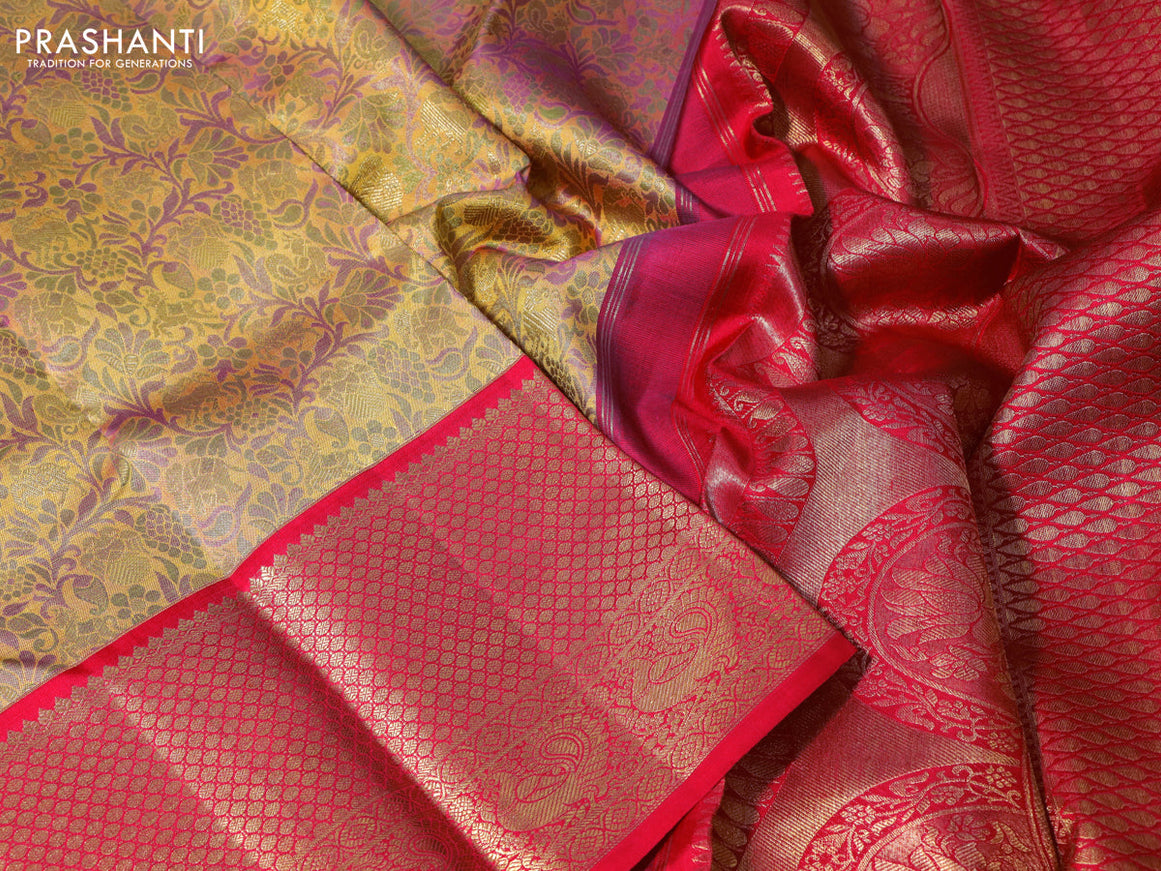 Pure kanchipuram tissue silk saree mustard shade and red with allover zari woven brocade weaves and long zari woven annam border